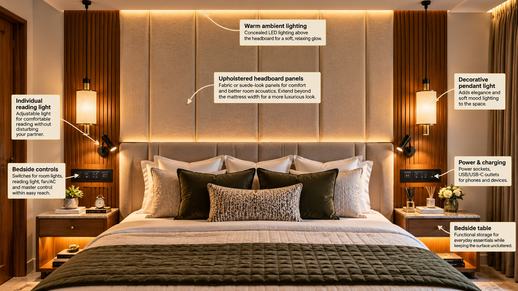 Luxury upholstered bedroom headboard wall with integrated reading lights, bedside controls, charging points and warm concealed lighting.