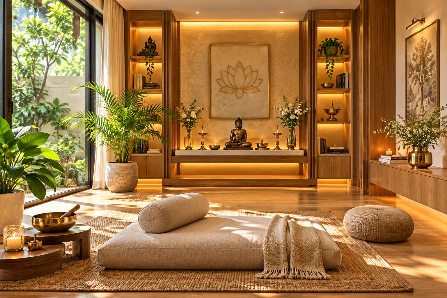 Luxury meditation sanctuary with natural wood interiors, Buddha statue, soft lighting, indoor greenery and comfortable floor seating in a contemporary Indian villa.