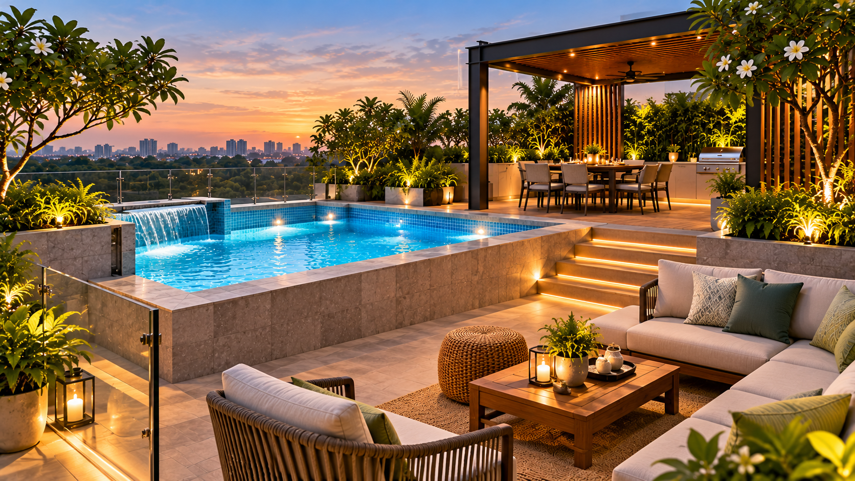 Luxury villa rooftop retreat featuring a compact plunge pool, glass railings, illuminated steps, landscaped planters, shaded dining and comfortable outdoor seating.