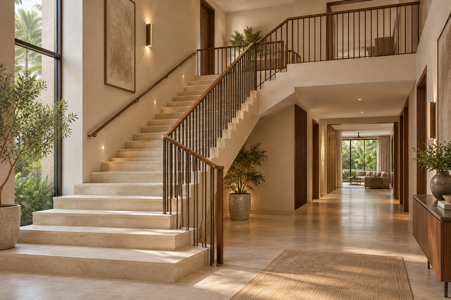 Warm contemporary villa interior with a stone staircase, wooden handrails, bronze balusters, natural daylight and an adjoining corridor.