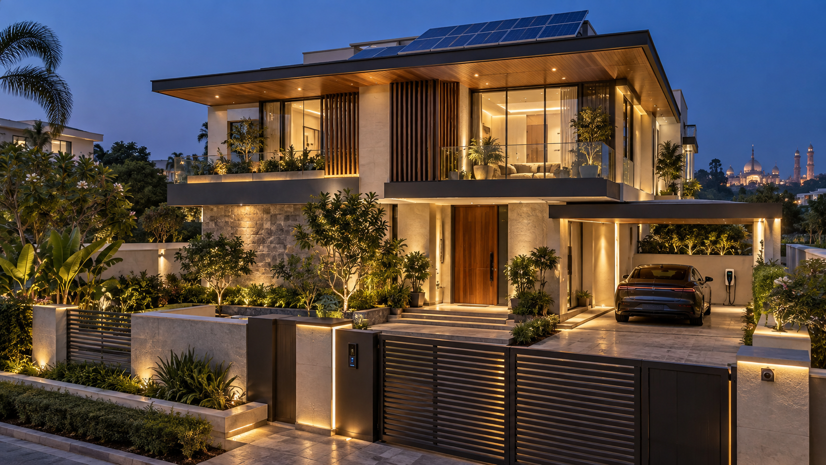 Smart luxury villa in Lucknow with integrated solar panels, EV charging, automated access, climate-responsive shading and intelligent lighting.
