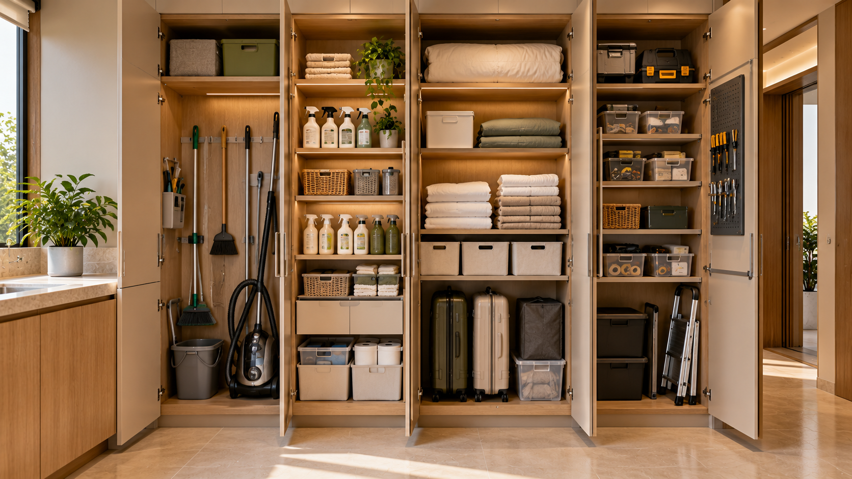 Organised household utility cupboards with cleaning tools, folded linen, storage containers, luggage and maintenance accessories.