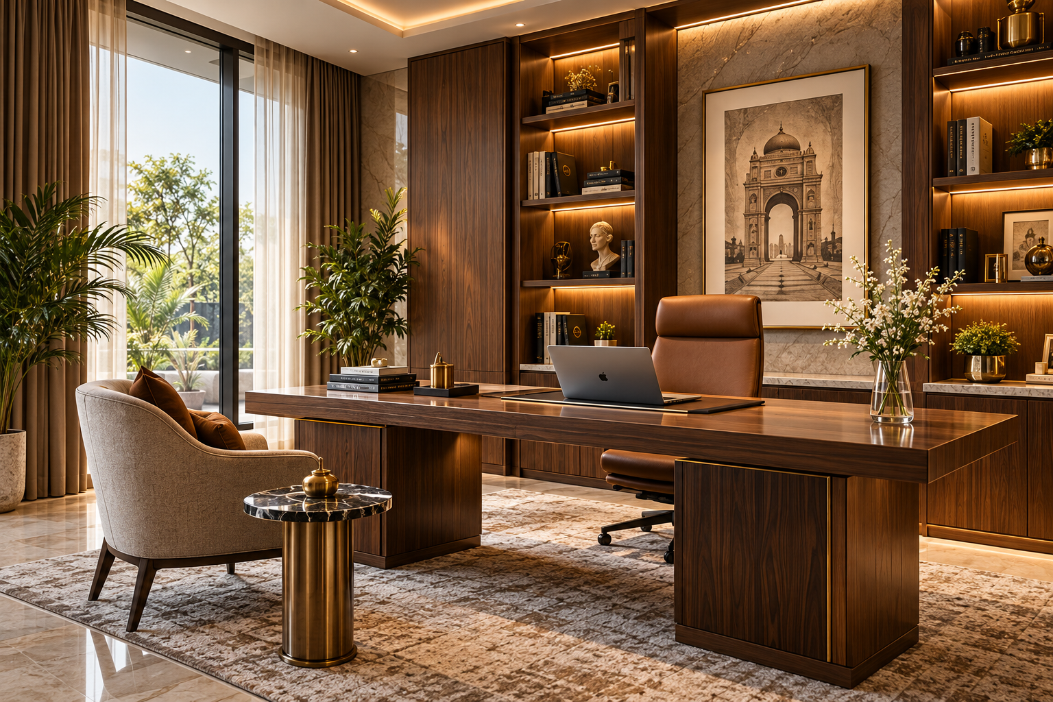Luxury executive home office with bespoke walnut desk, illuminated bookshelves, marble accents, leather seating and garden-facing windows.