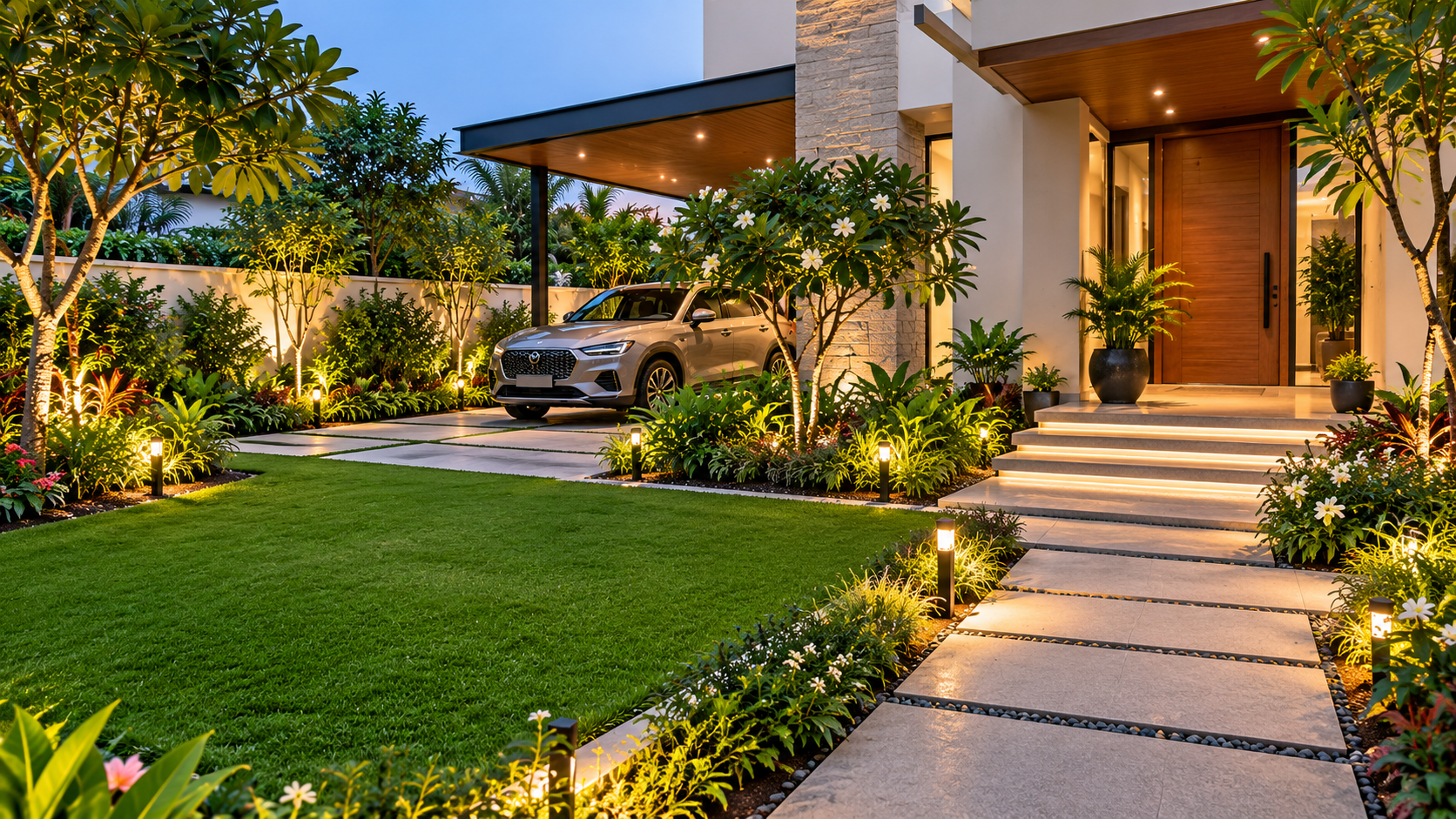 Contemporary luxury villa entrance with landscaped lawn, covered SUV parking, stone pathways, flowering plants and warm garden lighting.