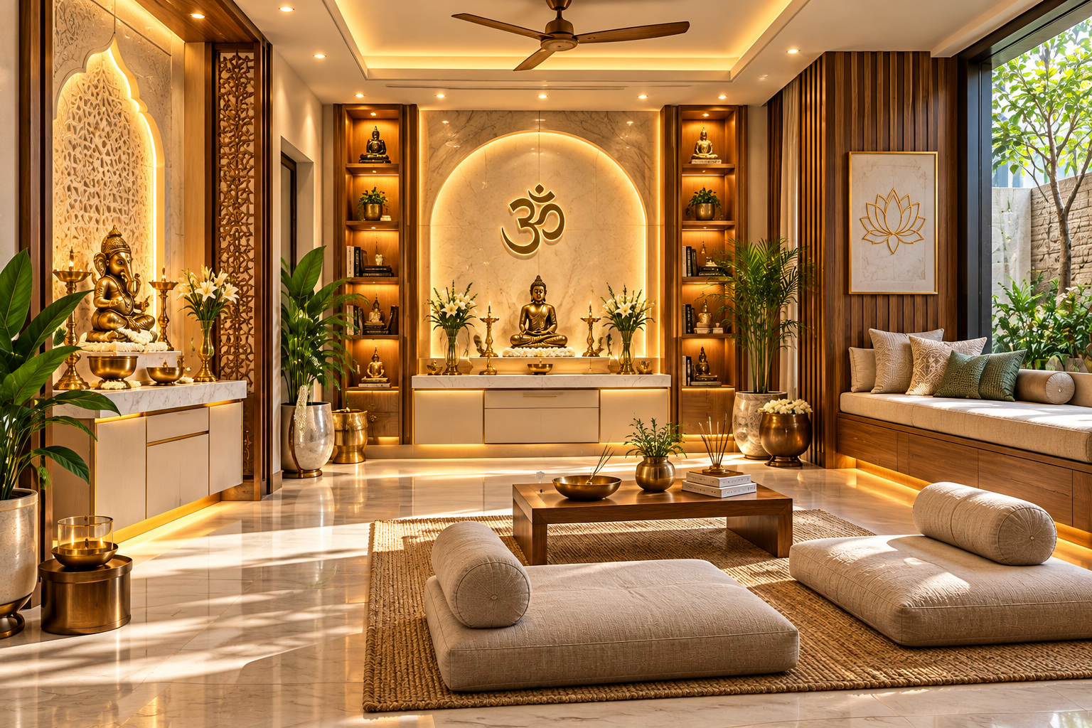 Luxury combined puja and meditation room featuring a Ganesha shrine, marble altar, warm wooden interiors, brass lamps and comfortable meditation seating.