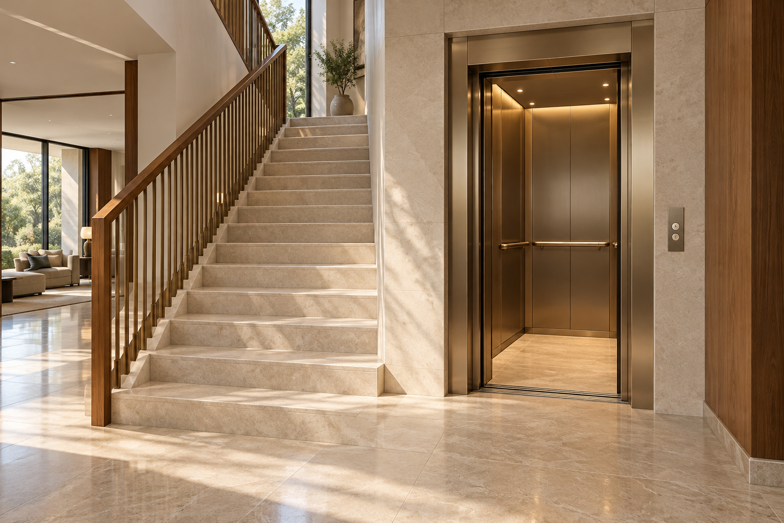 Home elevator with an open cabin beside a stone staircase, with a clear approach to both.