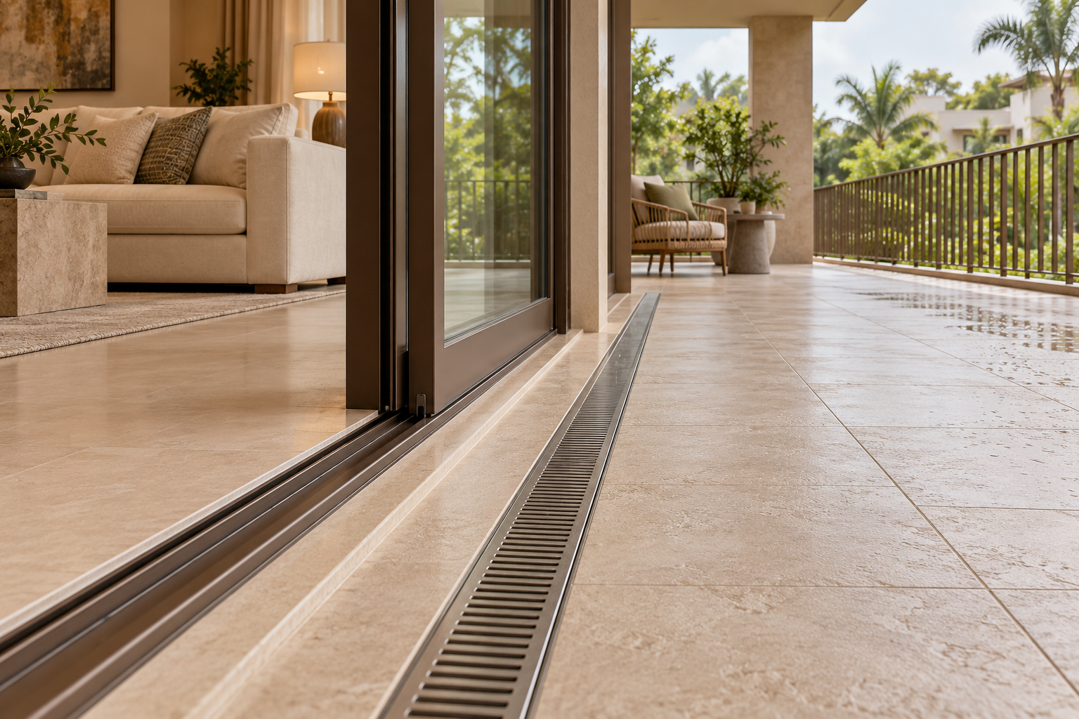 Sliding glass doorway between a lounge and terrace, with a raised threshold and an exterior linear drainage channel