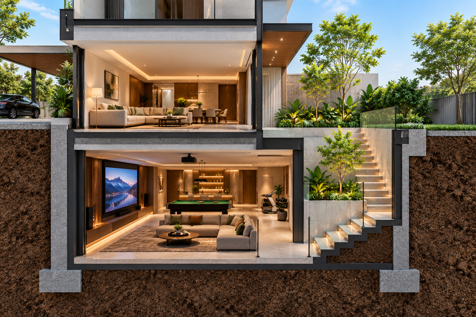 Architectural cutaway of a luxury villa showing the ground-floor living area, basement entertainment lounge, surrounding soil, foundations and landscaped sunken courtyard with staircase.