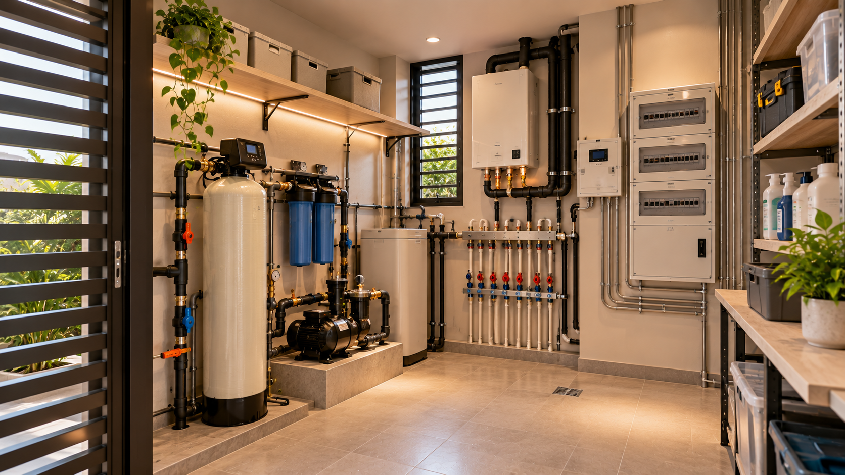 Organised residential service room with water filtration equipment, pumps, valves and accessible electrical panels.