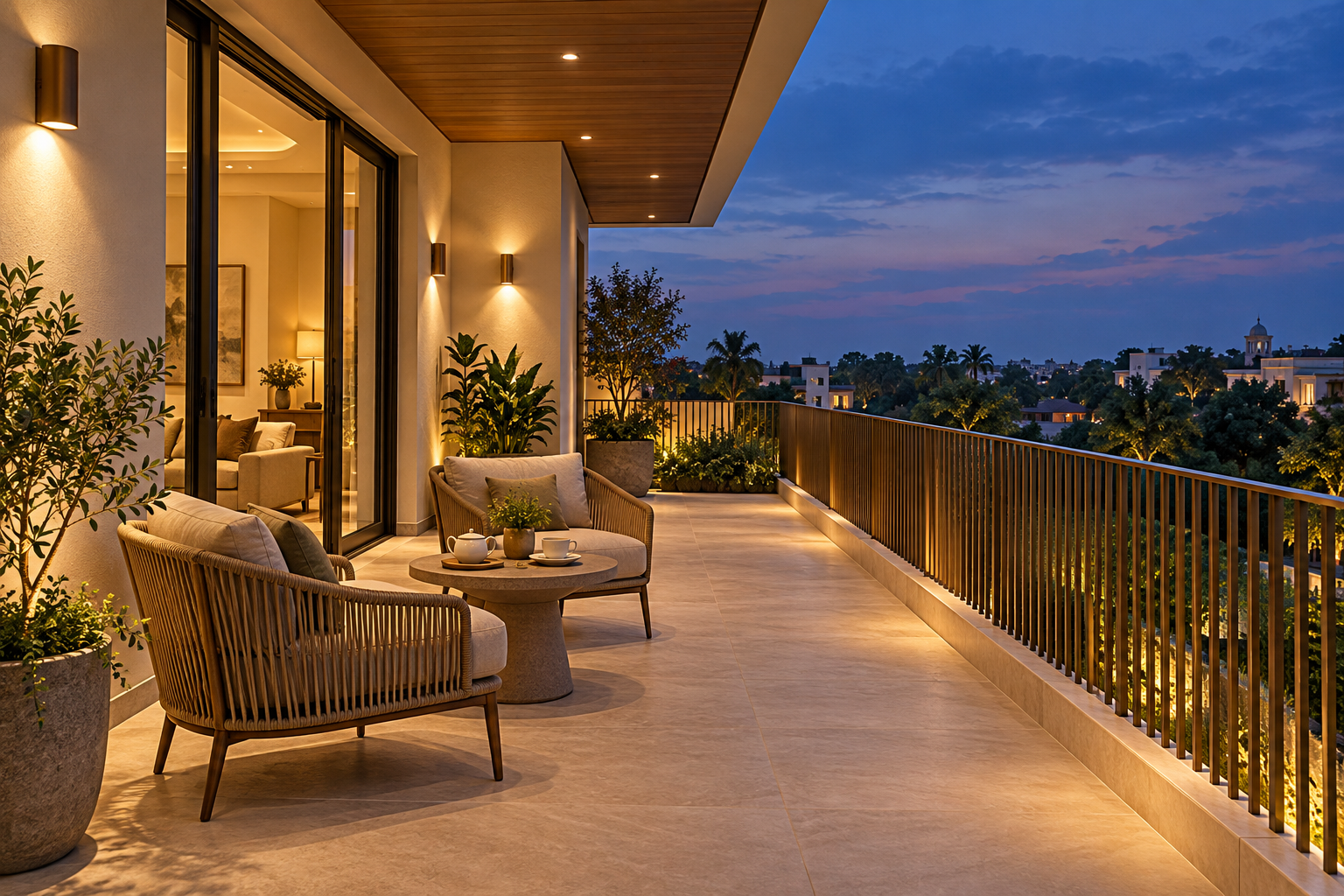 Covered villa terrace at dusk with warm wall lights, recessed ceiling lighting, woven chairs and a clear walking route.