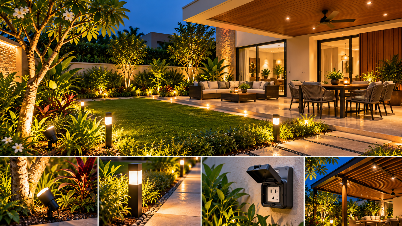 Contemporary luxury villa garden illuminated with warm pathway bollards, tree spotlights, covered patio lighting and a weather-protected outdoor electrical outlet.