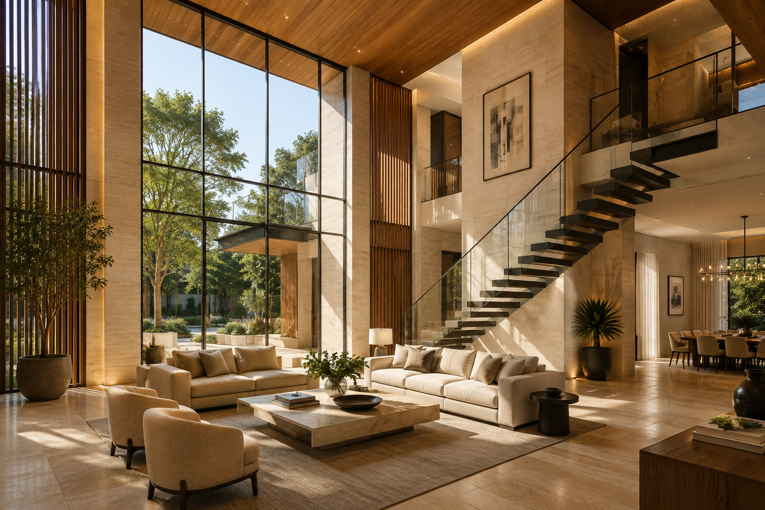 Modern living room with large floor-to-ceiling windows, beige sofas, a coffee table with decorative items, potted plants, a staircase with glass railing, and a dining area in the background.