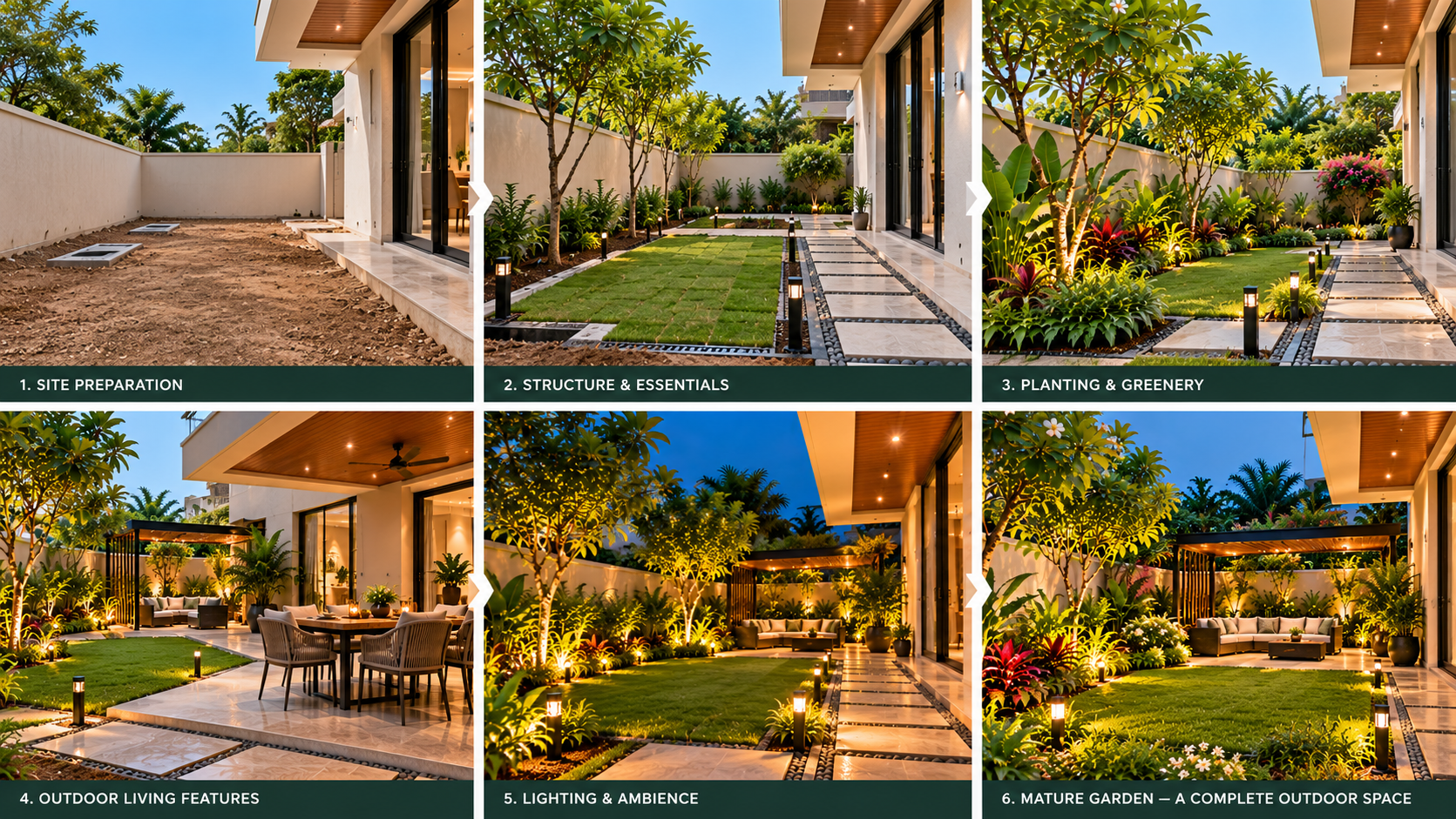 Six-stage visual showing the transformation of a modern villa garden from site preparation and essential infrastructure to planting, outdoor seating, landscape lighting and a mature garden.