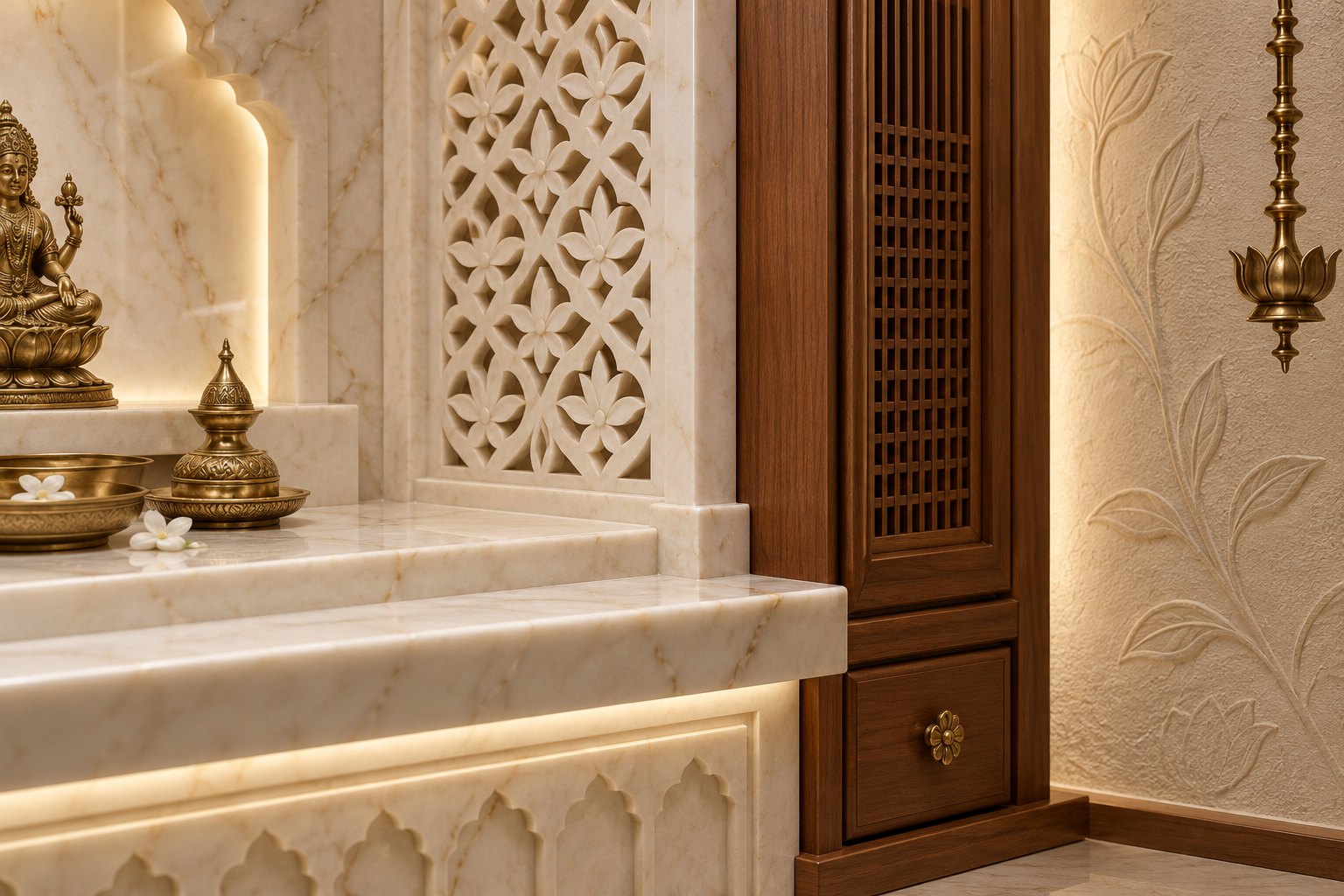 Conceptual puja-room material palette of ivory marble, warm wood, brass jali and textured plaster