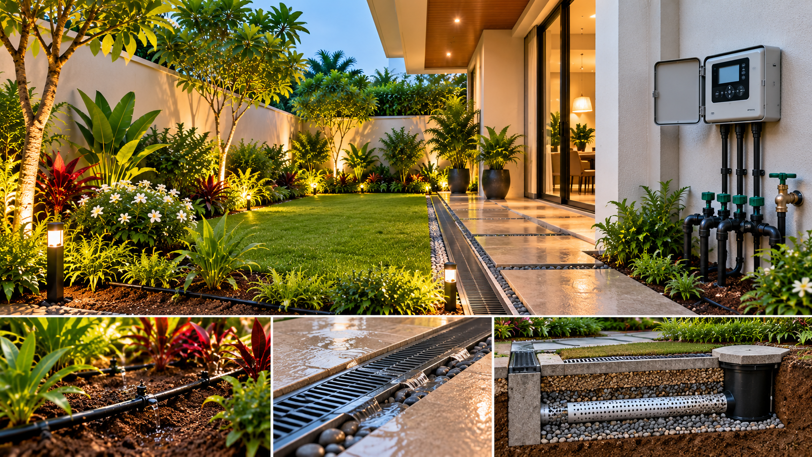 Contemporary villa garden showing drip irrigation, automated watering controls, surface drainage channels and an illustrative underground drainage system