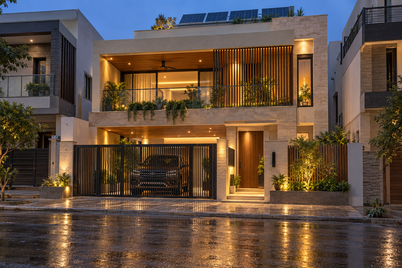 Modern two-story house with a gated driveway, illuminated warm lighting, greenery, and solar panels on the roof at dusk.