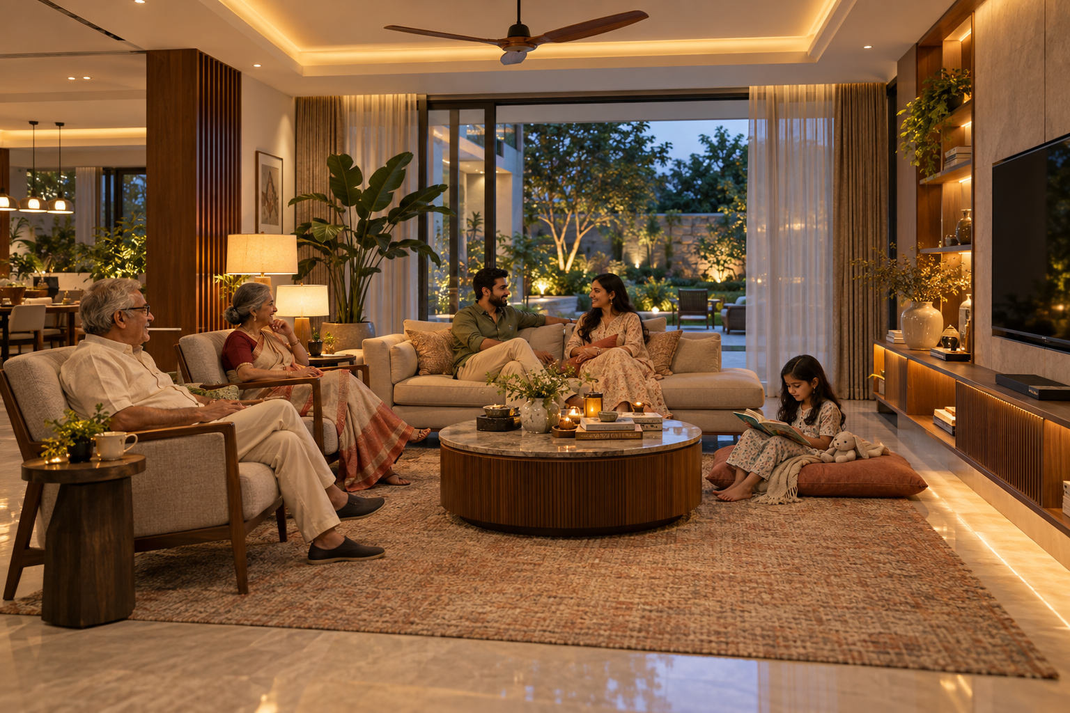 Multigenerational Indian family relaxing in a luxury villa lounge with supportive seating, integrated media storage, layered evening lighting and a garden connection.