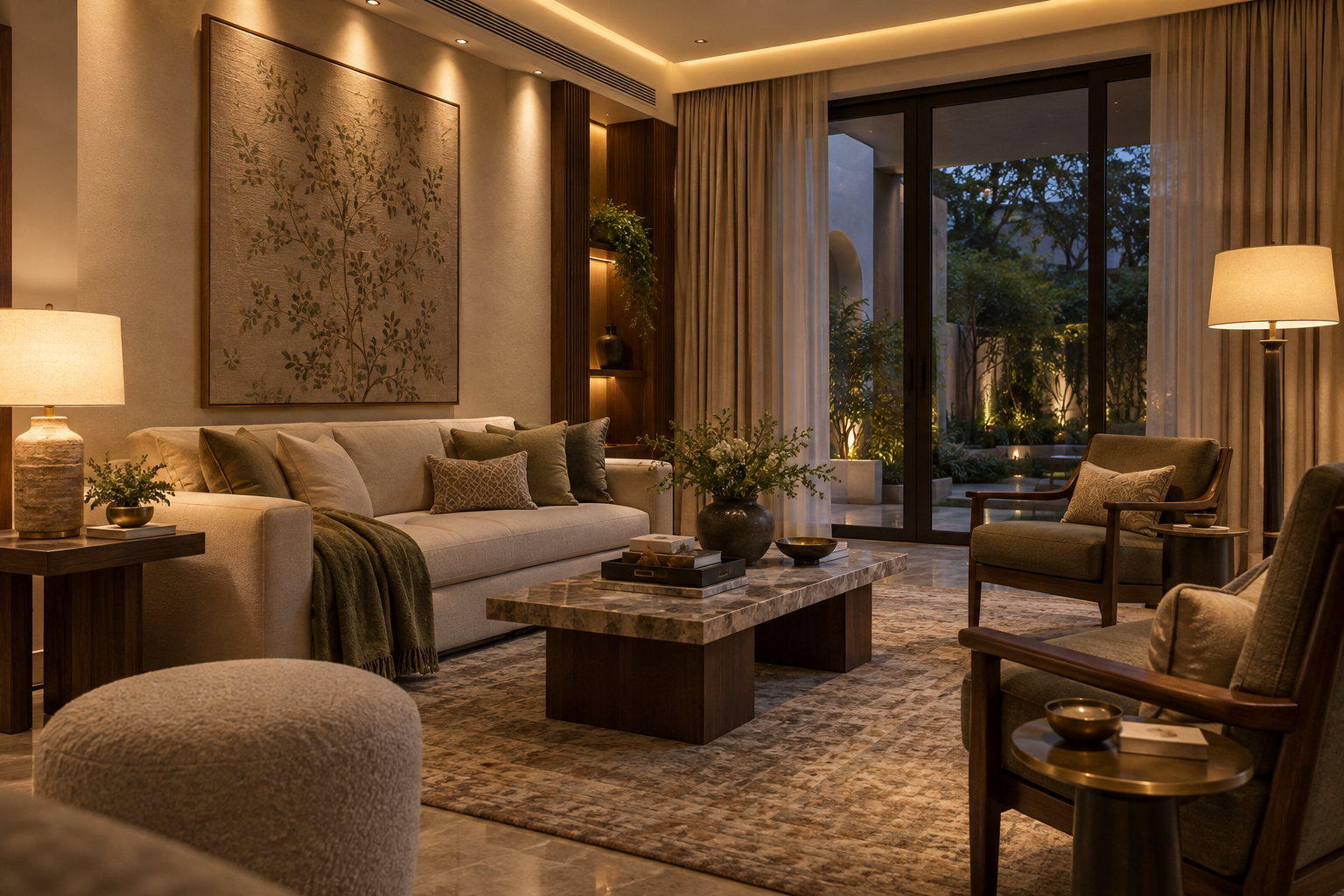Warm evening formal living room with layered lighting, soft furnishings, acoustic materials and discreet air-conditioning.