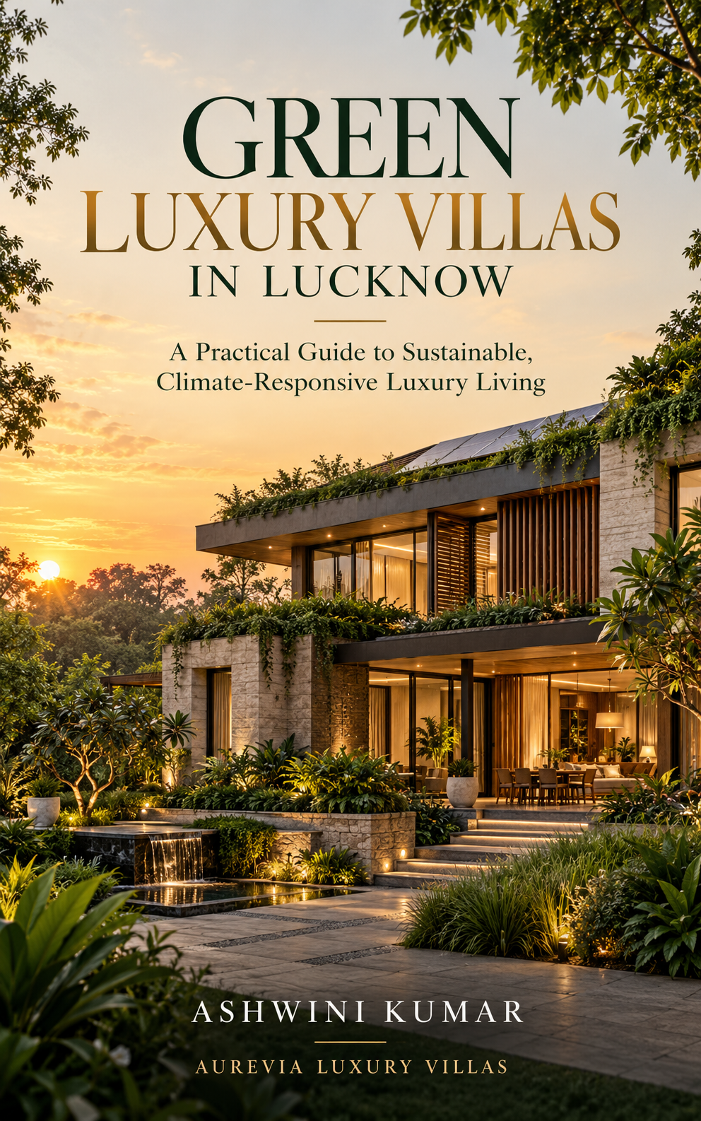 Cover of a book titled "Green Luxury Villas in Lucknow" showing a modern villa surrounded by lush greenery at sunset, with a warm glow from the villa's interior lights.