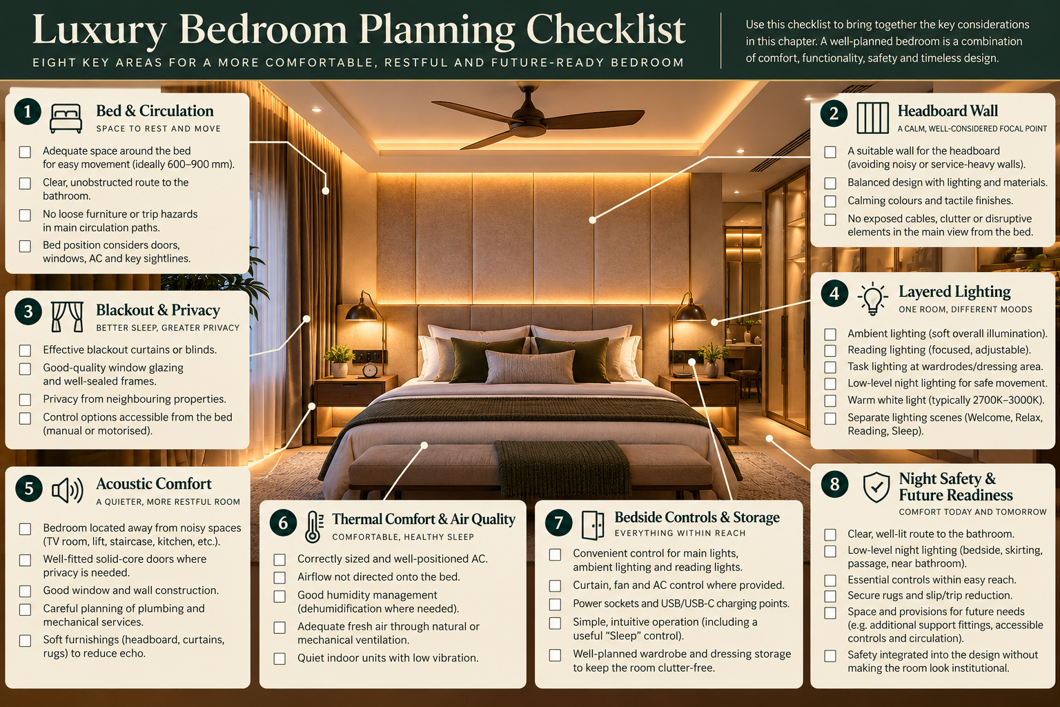 Luxury bedroom planning checklist covering bed circulation, headboard wall, blackout privacy, layered lighting, acoustics, thermal comfort, bedside controls, storage and night safety.