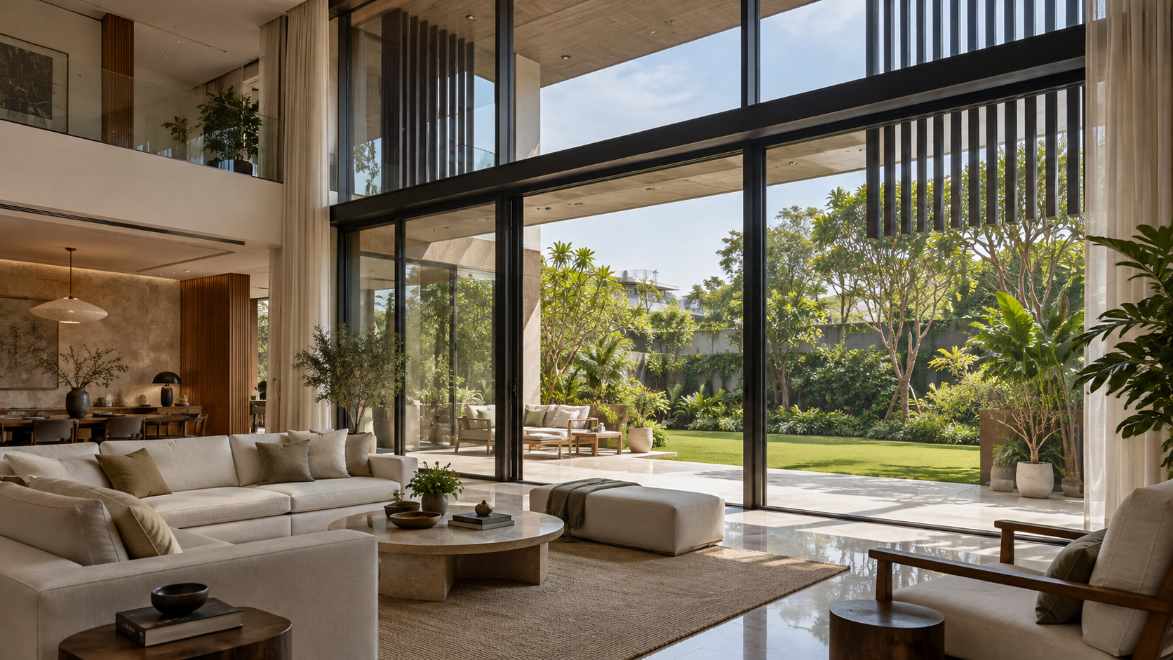 Luxury villa living room with large shaded glass windows overlooking a landscaped garden.