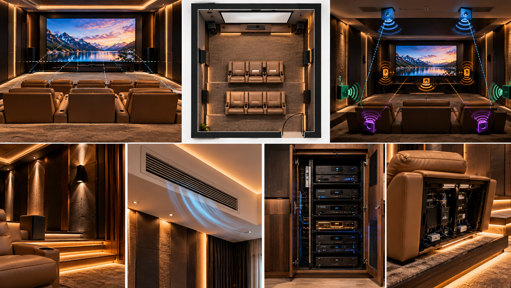 Luxury home theatre design illustration showing seating arrangements, surround speakers, lighting, cooling and AV maintenance access.