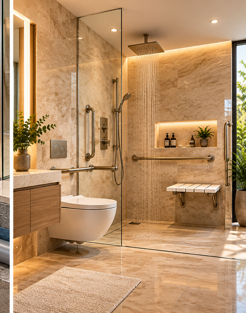 Senior-friendly luxury bathroom with wall-mounted toilet, walk-in glass shower, fold-down shower seat, neutral stone finishes and spacious floor layout.  Copy