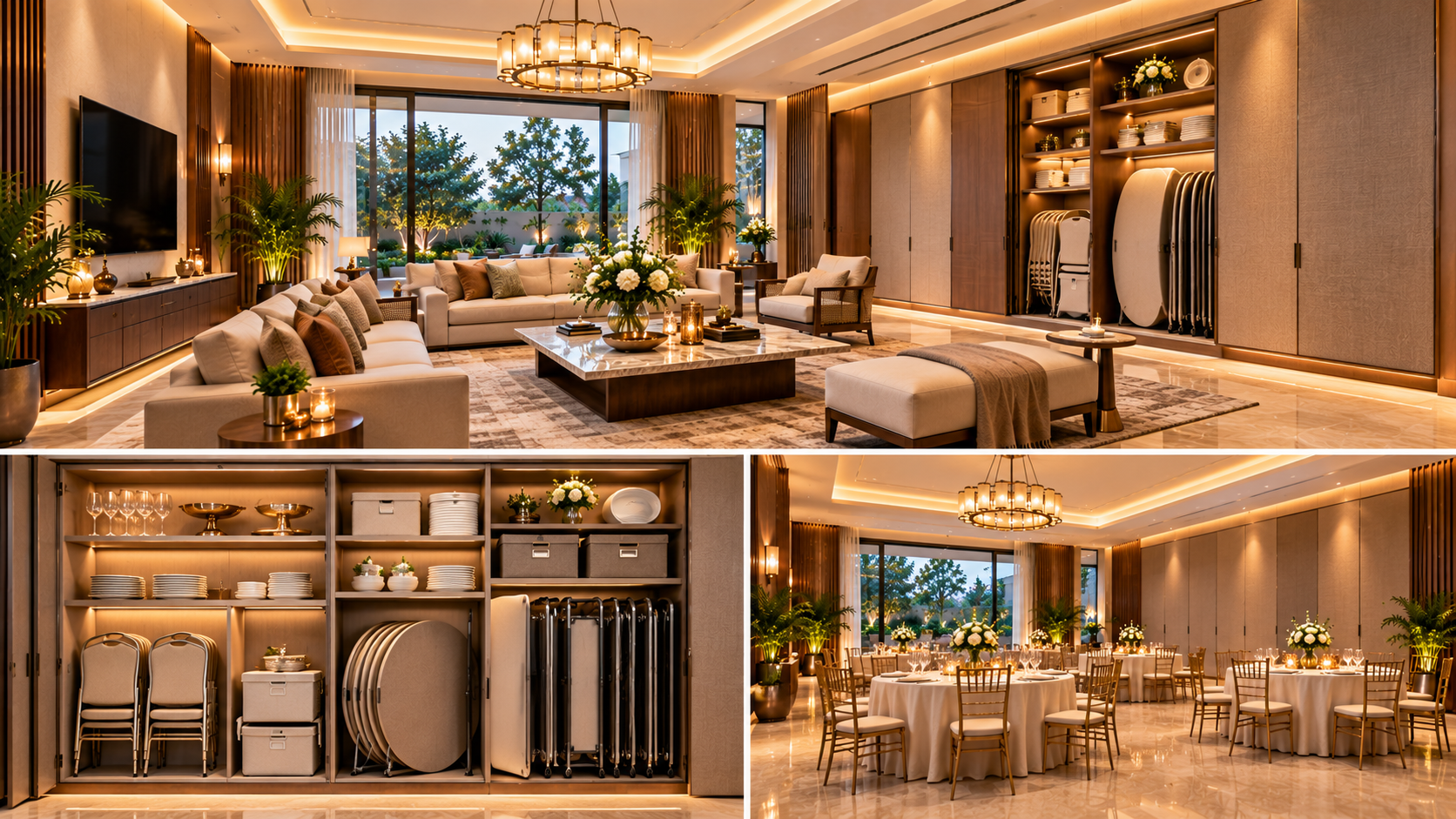 Luxury multipurpose villa lounge with concealed wall storage for folding chairs, tables, crockery and decorations, alongside an alternative family celebration arrangement.