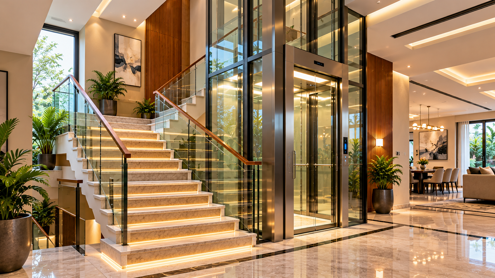Glass residential elevator positioned beside an illuminated marble staircase in a contemporary luxury villa, with convenient access to adjoining living spaces.
