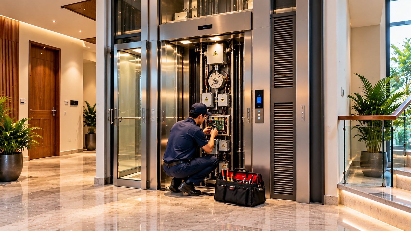 Elevator service technician inspecting electrical and mechanical components of a residential home elevator in a contemporary luxury villa.