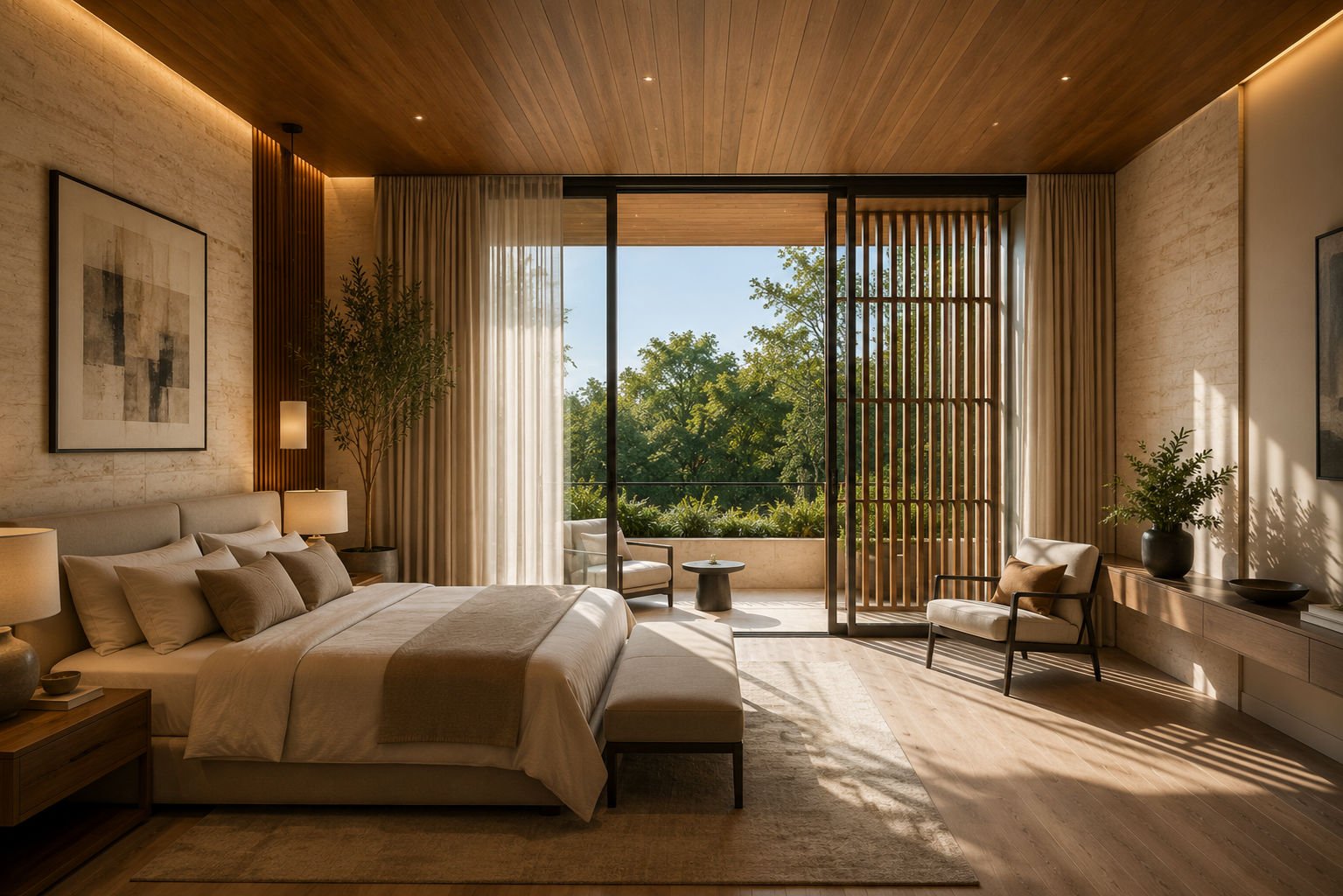 A contemporary bedroom with a large bed, nightstands, and lamps. There are two armchairs on a balcony or patio area with lush green trees outside. The room features wooden accents, beige walls, and natural light streaming through sheer curtains.