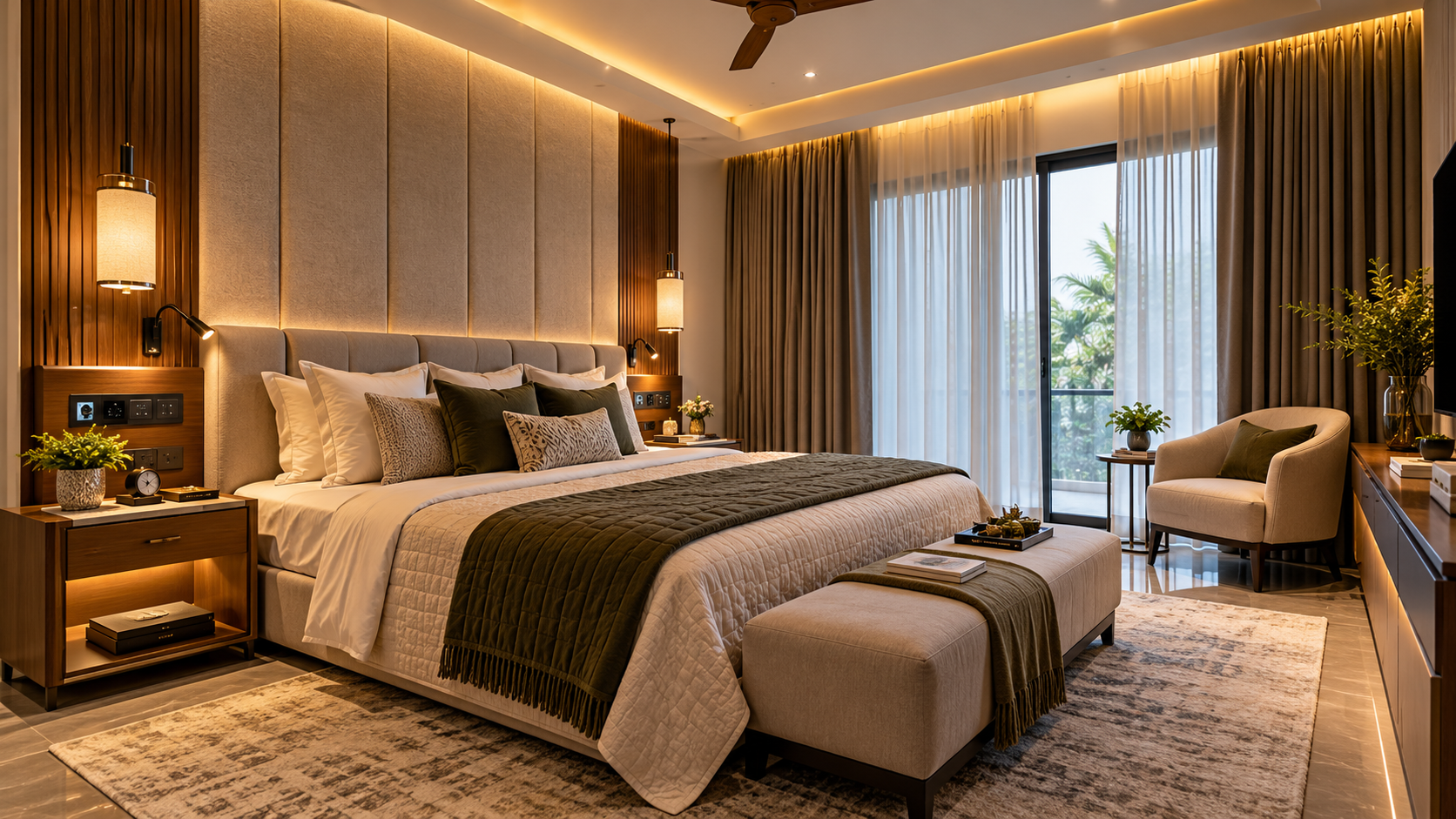 Luxury bedroom with upholstered headboard wall, layered lighting, bedside controls, reading lights and blackout curtains.