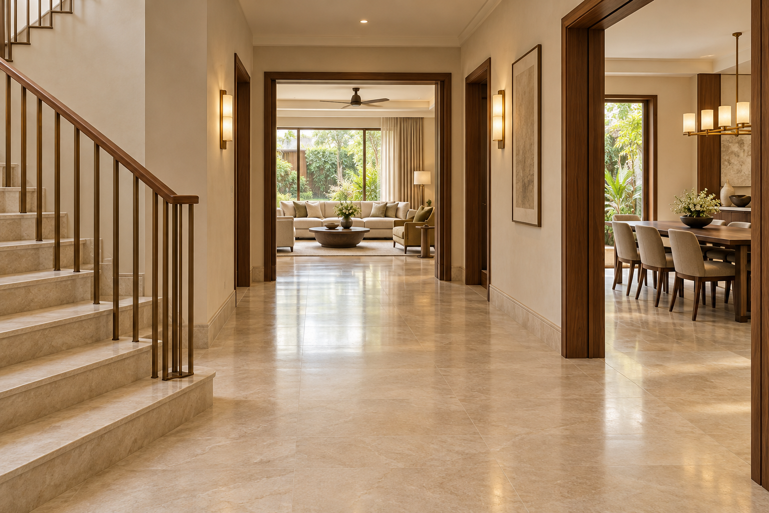 Uncluttered villa hallway connecting a stone staircase, family lounge and dining room through wide openings.