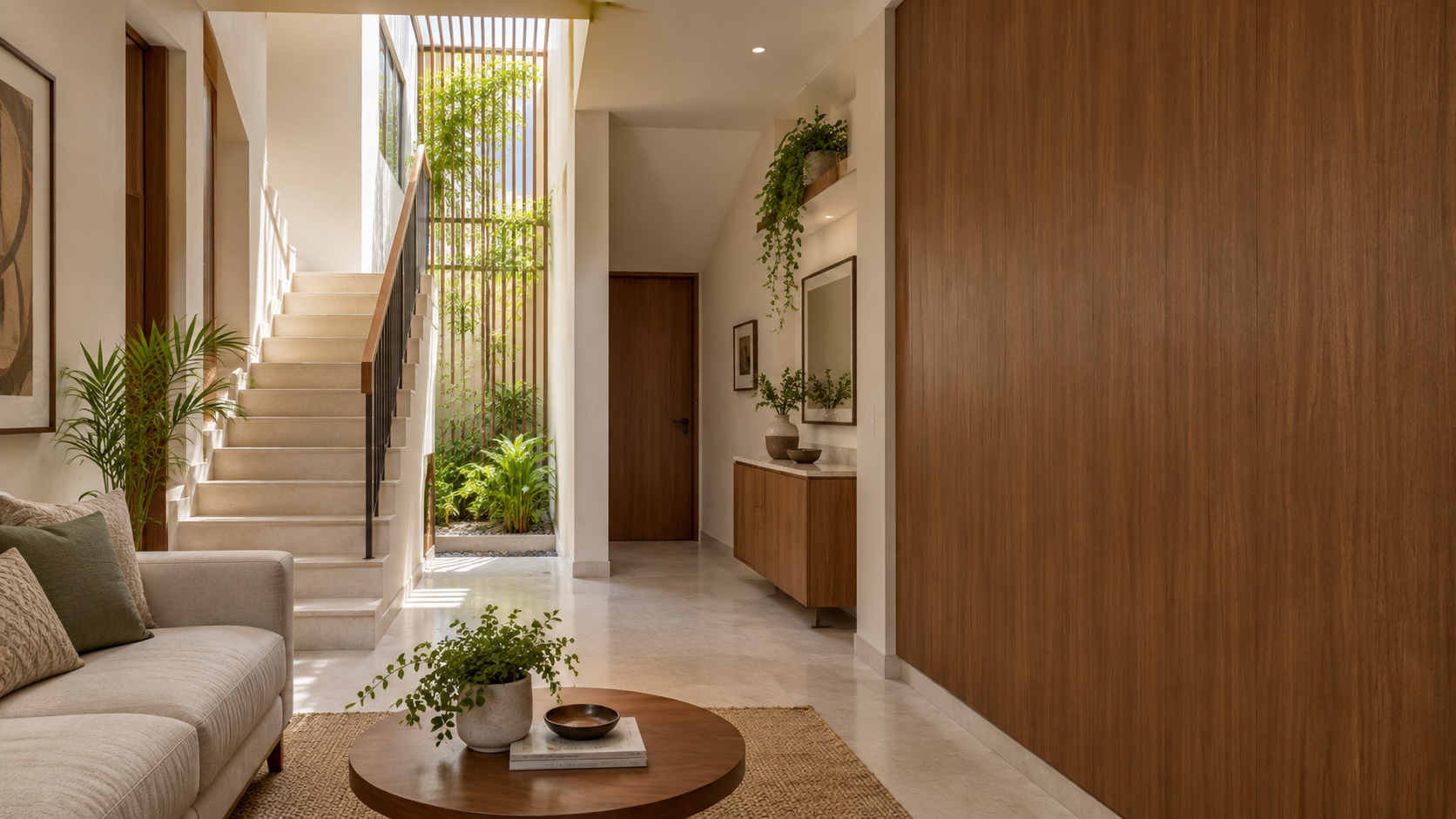 Modern living room with beige sofa, wooden furniture, indoor plants, staircase, and natural light from large window.