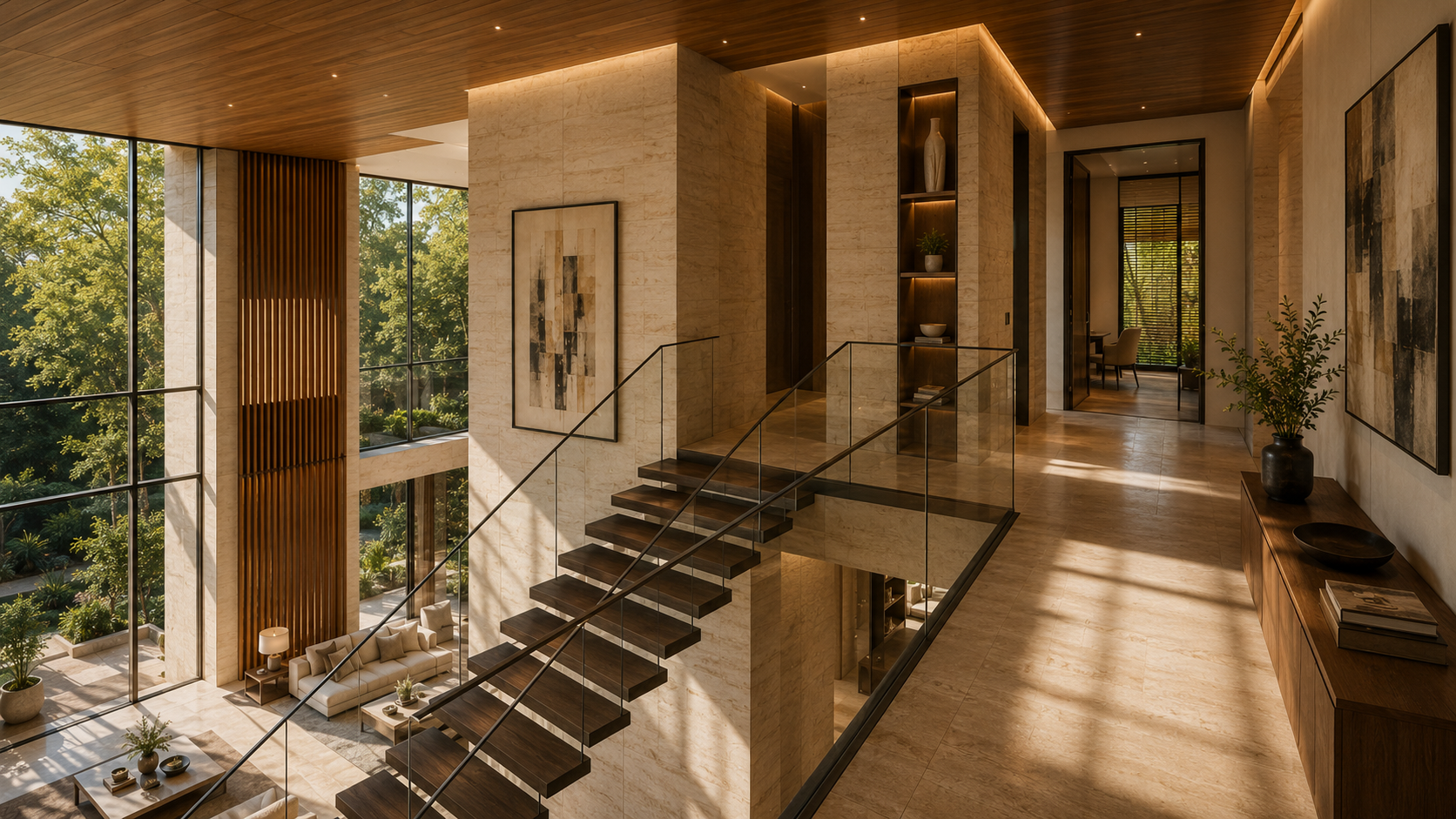 Modern interior with a staircase, large windows, and nature views.