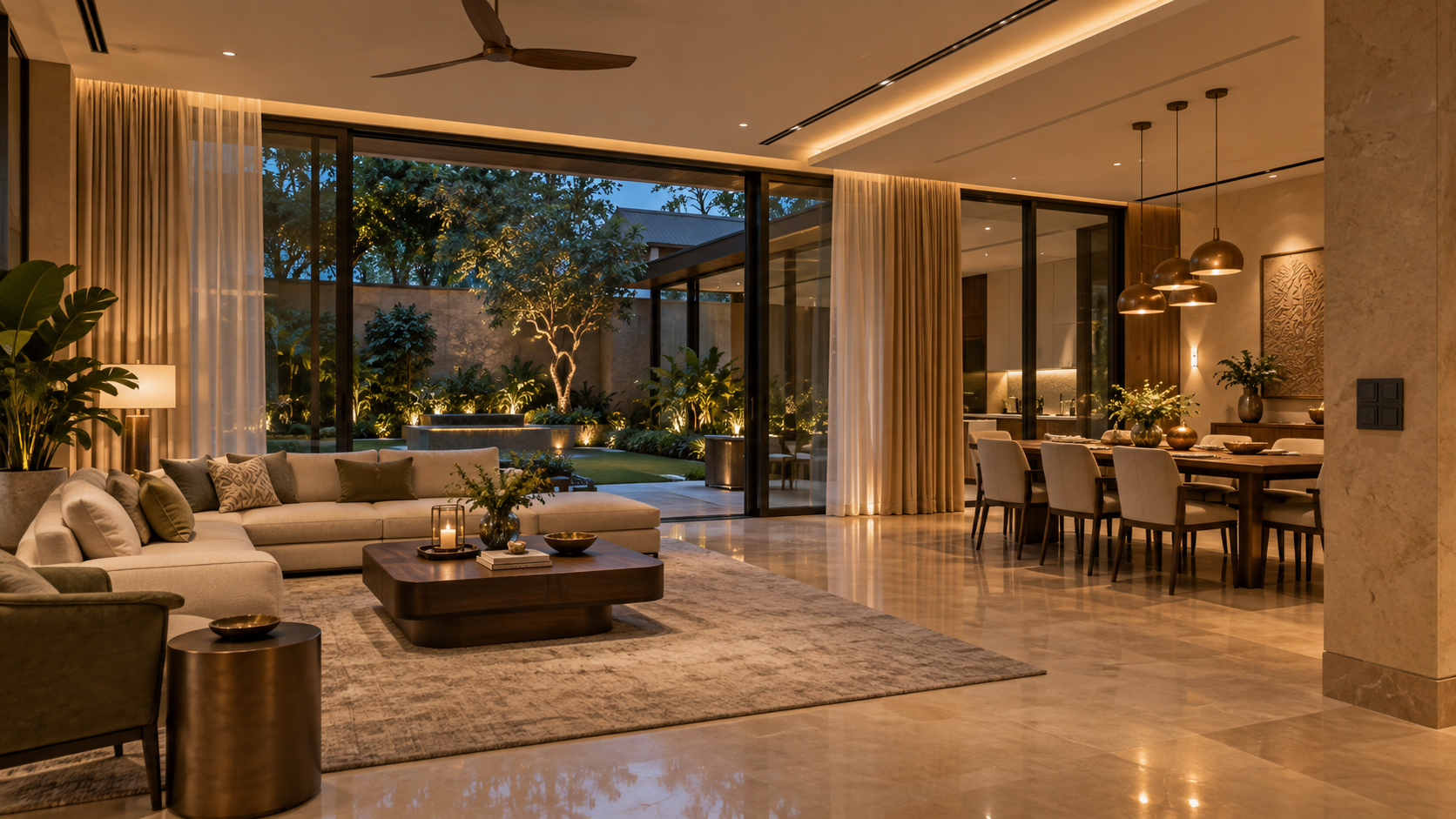 Luxury villa living and dining interior with intelligent layered lighting, motorised curtains and a landscaped courtyard in Lucknow.
