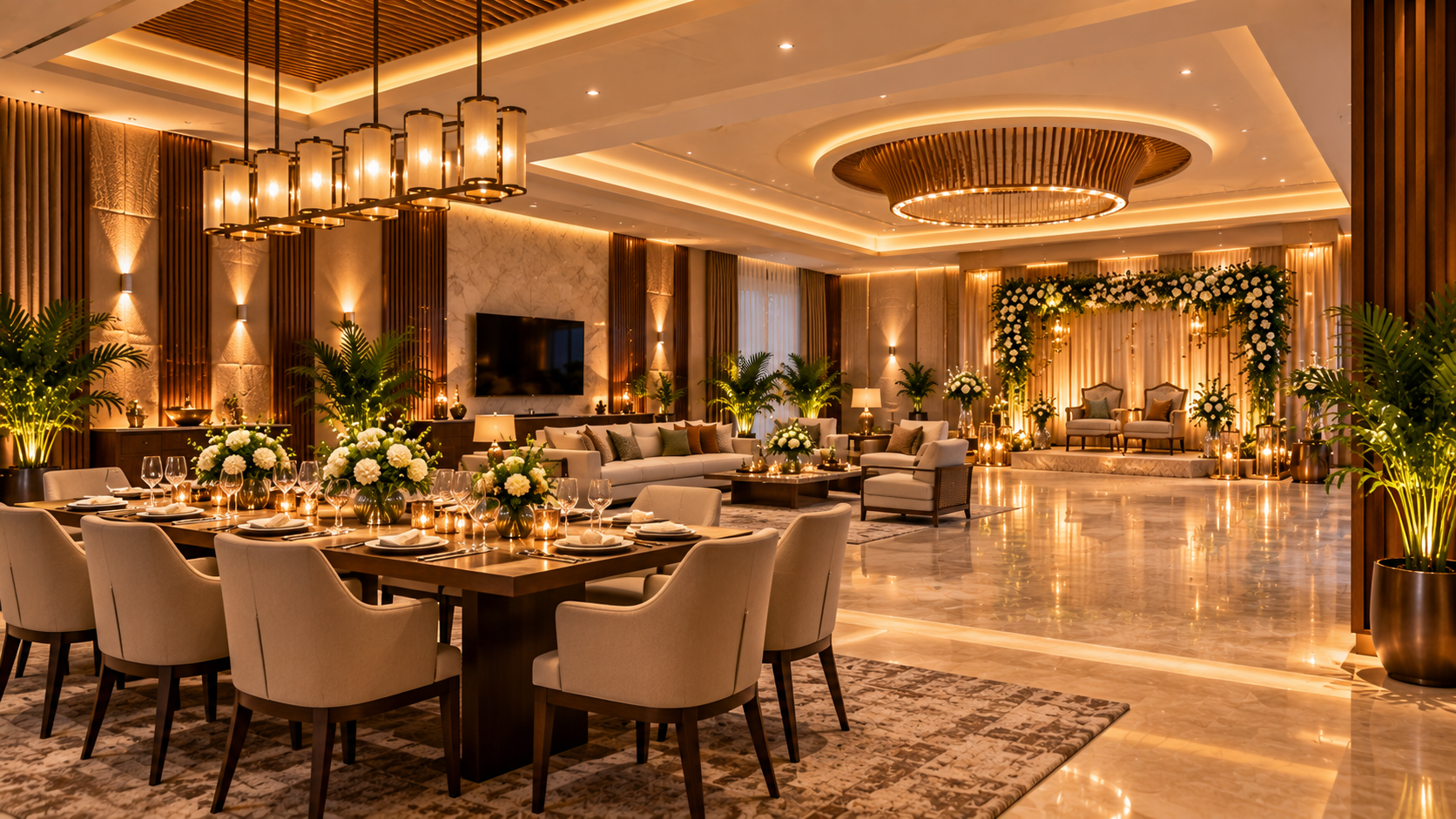 Luxury villa celebration hall with warm layered ceiling lighting, decorative pendant lights, timber wall panels, upholstered seating and elegant dining arrangements.
