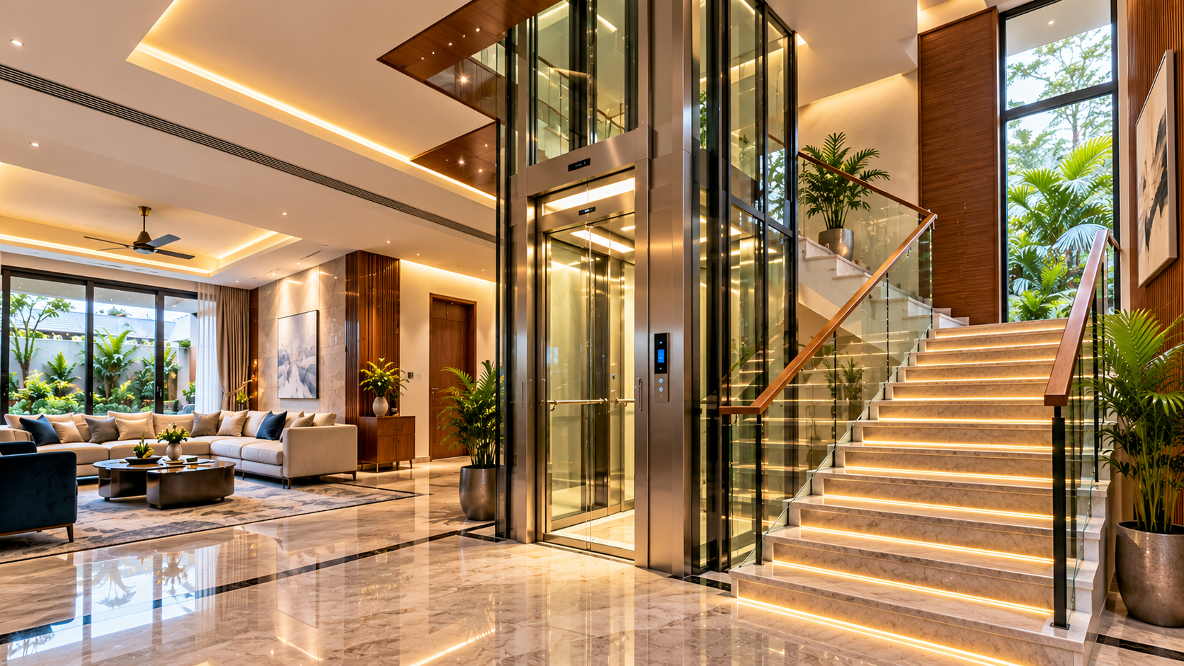 Luxury villa interior featuring a glass home elevator beside an illuminated marble staircase, with elegant living spaces and contemporary finishes