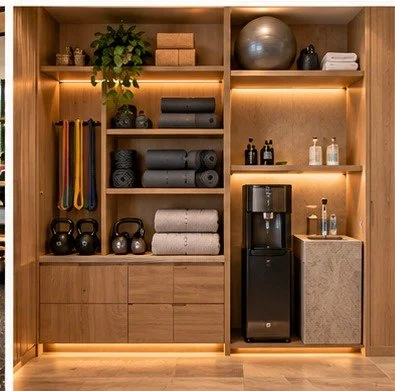 Bespoke oak home-gym cabinetry storing yoga mats, towels, kettlebells and drinking water.