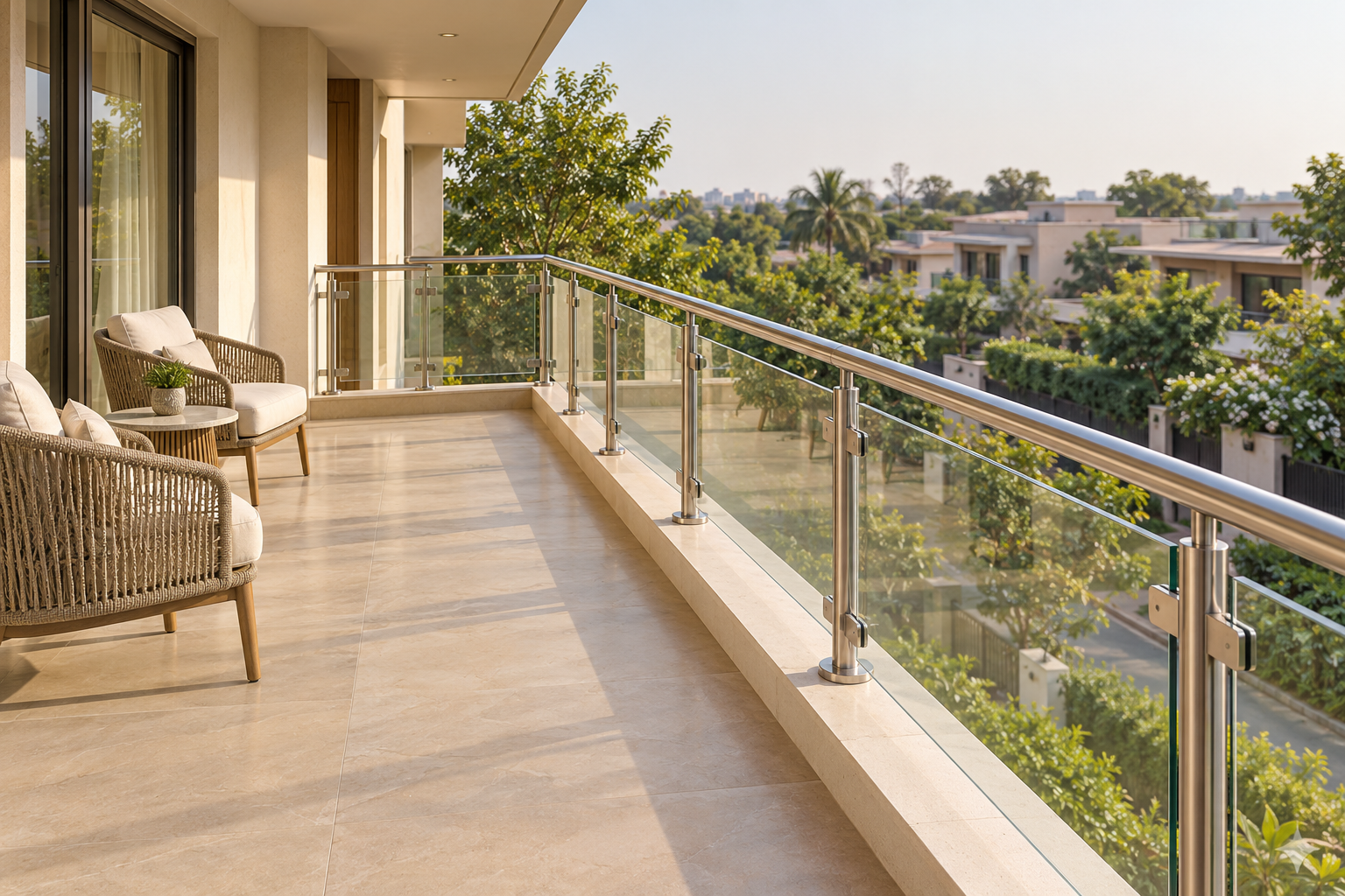 Villa balcony with stainless steel posts and handrails, clear glass panels and woven seating beside the building wall.