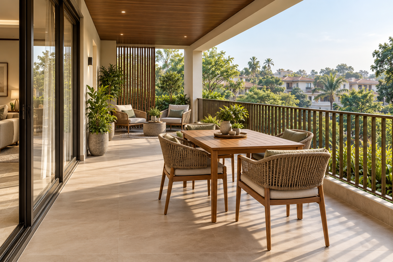 Covered villa terrace with a four-seat dining table, a separate seating nook, plants and bronze railings