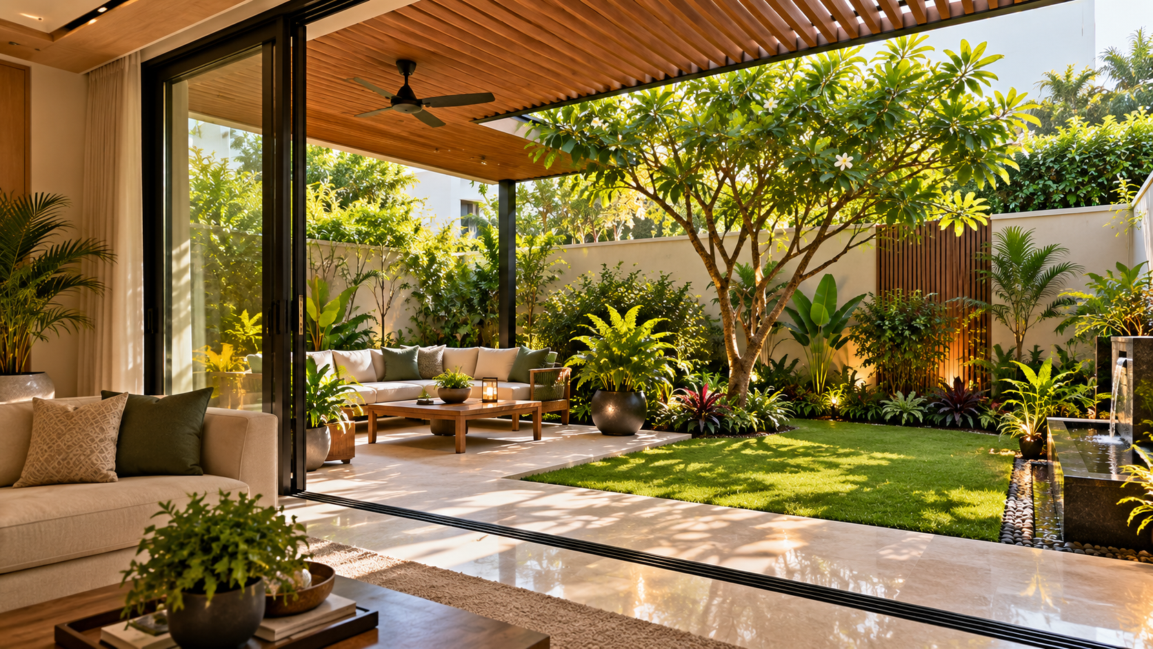 Elegant contemporary villa courtyard with a shaded pergola, comfortable outdoor seating, flowering trees, lush landscaping and seamless connection to the indoor living room.