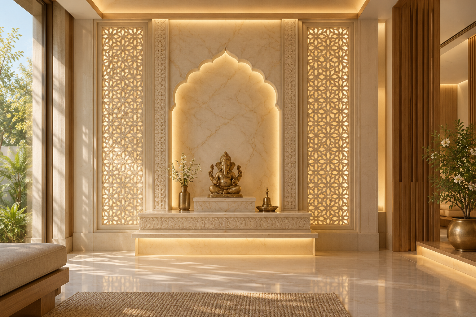 Conceptual marble mandir detail with concealed warm LED backlighting and layered architectural lighting