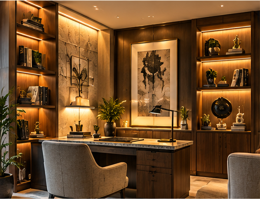 Luxury study with warm ambient lighting, illuminated bookshelves and a dedicated desk lamp.