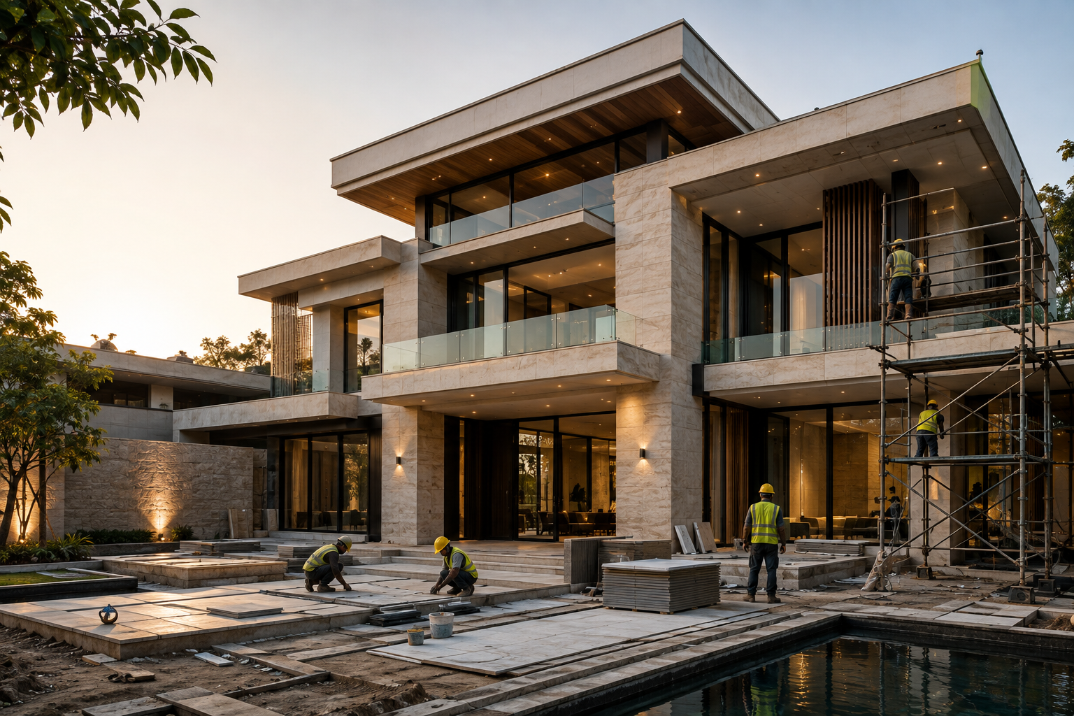 Construction workers installing paving stones in front of a modern, multi-story house with large glass windows and balconies.