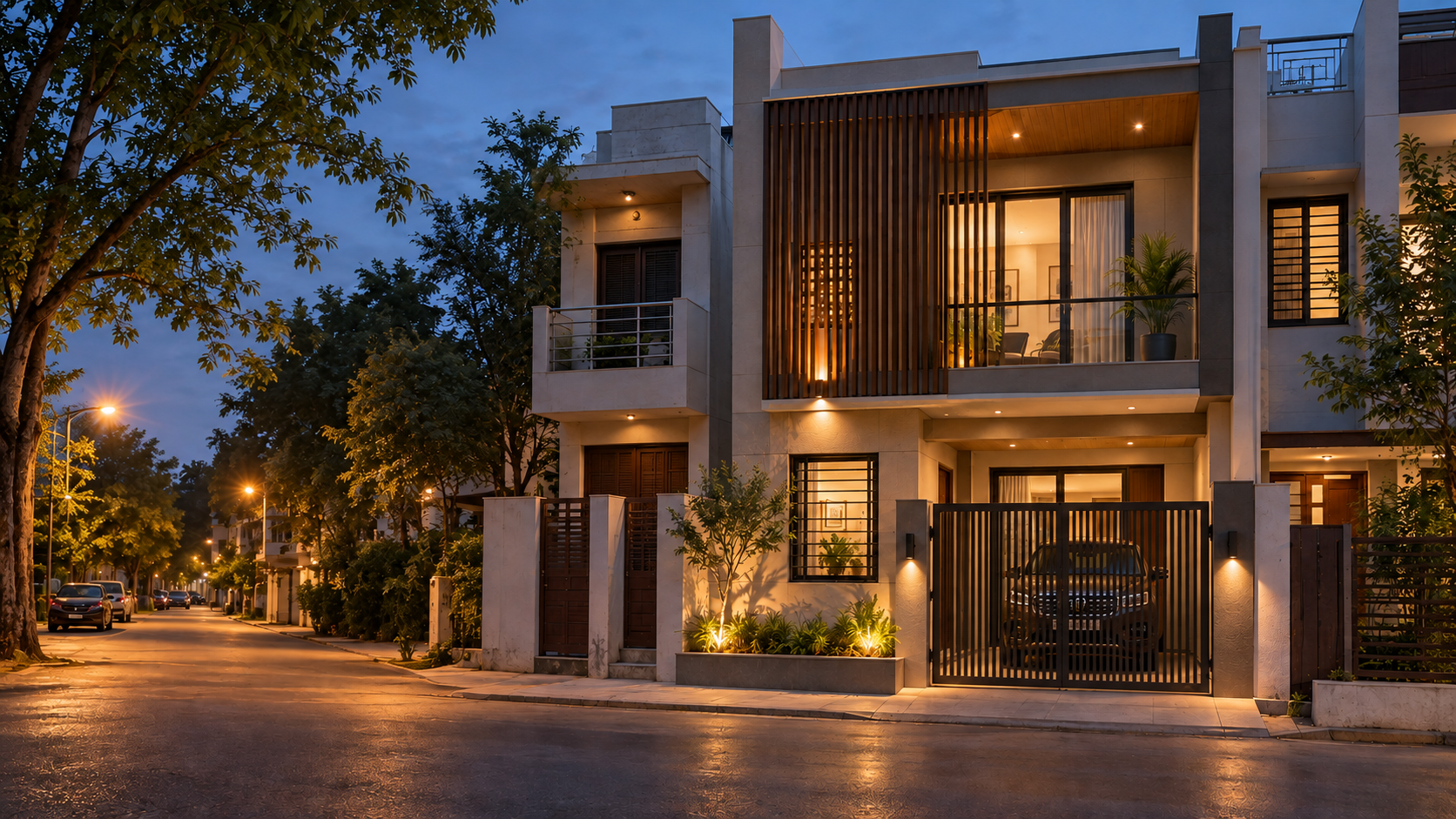 Modern multi-story house illuminated at night with trees along the street and parked cars in a neighborhood.