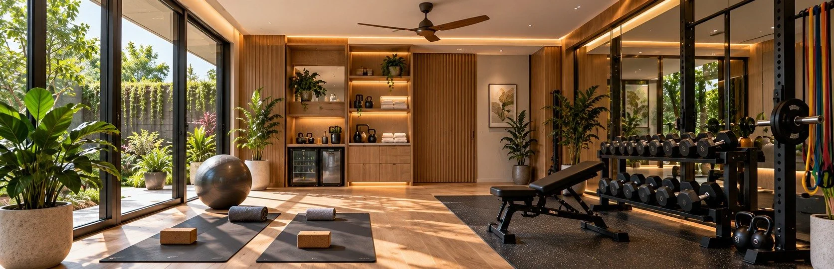 Luxury home gym with yoga mats, strength-training equipment, warm oak interiors and garden-facing glazing.