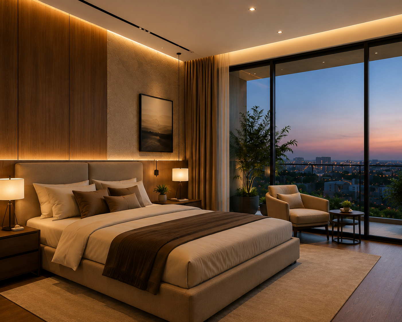 Modern bedroom with a large bed, nightstands with lamps, and a sitting area near a large window overlooking a cityscape at sunset.