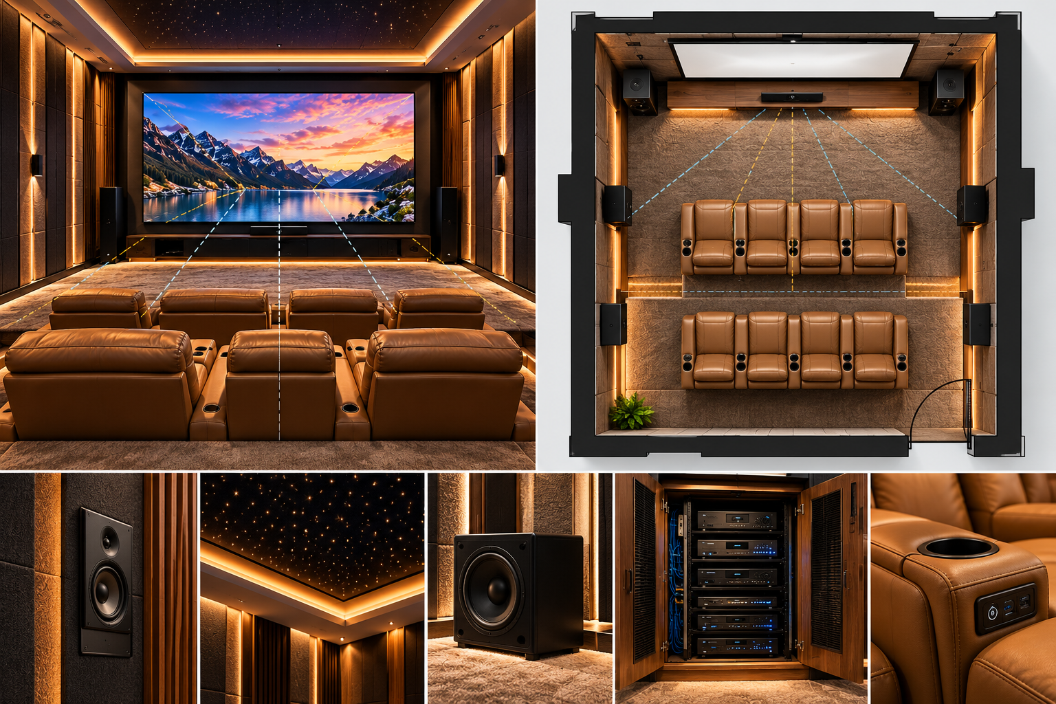 Luxury home theatre illustration showing surround speakers, acoustic panels, seating arrangement and audio equipment.
