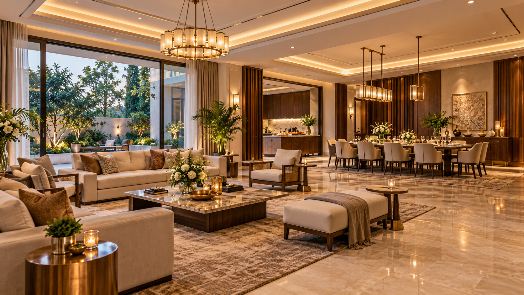 Elegant luxury villa gathering hall with flexible lounge seating, dining arrangements, warm lighting and refined stone and wood finishes.